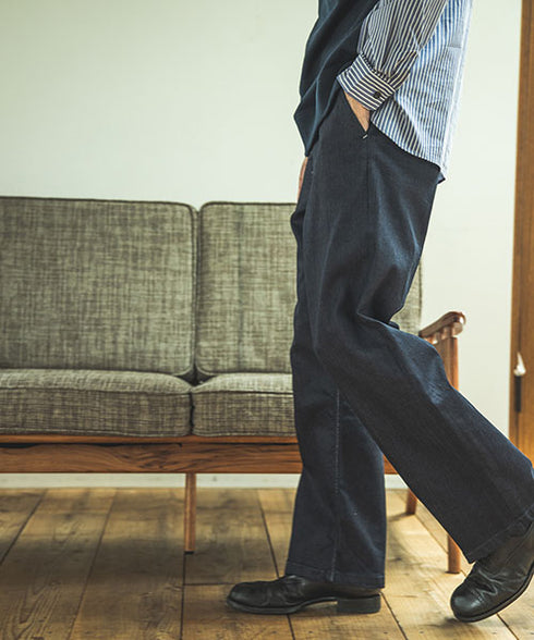 MR.OLIVE/SUPER STRETCH DENIM / ONE WASH WIDE STRAIGHT PANTS ミスターオリーブ/スーパーストレッチデニム/ワンウォッシュワイドストレートパンツ